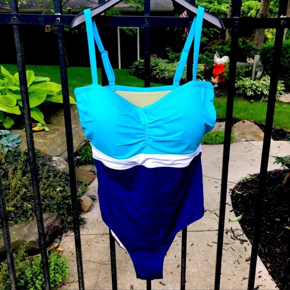 Swimsuits For All blue/white/aqua colorblock swim